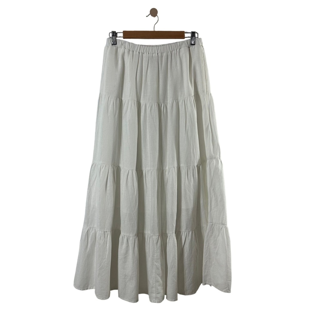 Laura Ashley White Linen Blend Tiered Maxi Skirt Elastic Waist Pockets Large